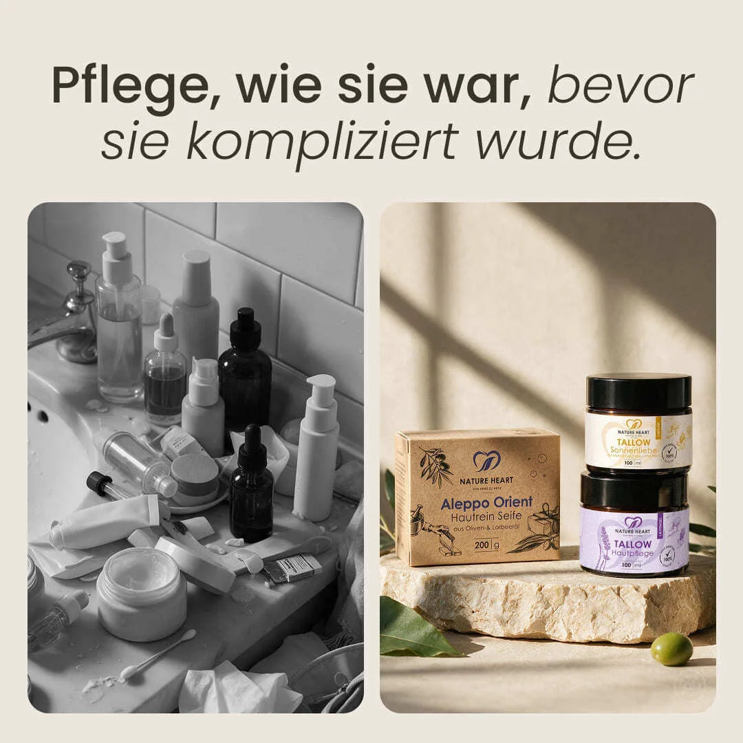 Viele Kosmetikprodukte am Waschbecken im Vergleich zum Skin Care Set aus Aleppo-Seife, Tallow Sonnenliebe und Tallow Hautpflege Lavendel