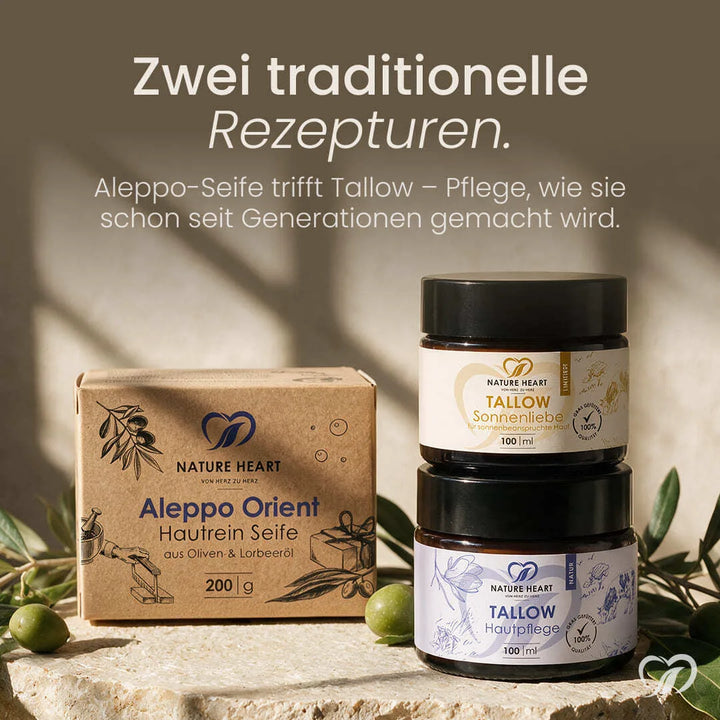 Zwei traditionelle Rezepturen im Skin Care Set: Aleppo Orient Hautrein Seife trifft Tallow Sonnenliebe und Tallow Hautpflege Natur