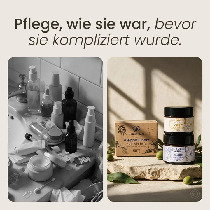 Viele Kosmetikprodukte am Waschbecken im Vergleich zum Skin Care Set aus Aleppo-Seife, Tallow Sonnenliebe und Tallow Hautpflege Natur