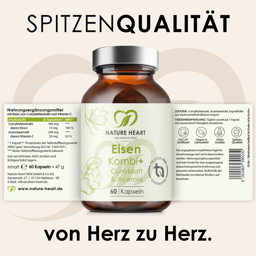 Eisen Kombi+ Curryblatt & Acerola 60 Kapseln aus dem Stillzeit Bundle mit aufgeklapptem Etikett zu Zutaten und Verzehrempfehlung