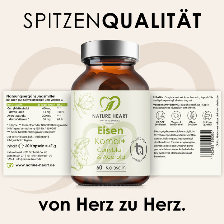 Eisen Kombi+ Curryblatt & Acerola 60 Kapseln aus dem Stillzeit Bundle mit aufgeklapptem Etikett zu Zutaten und Verzehrempfehlung