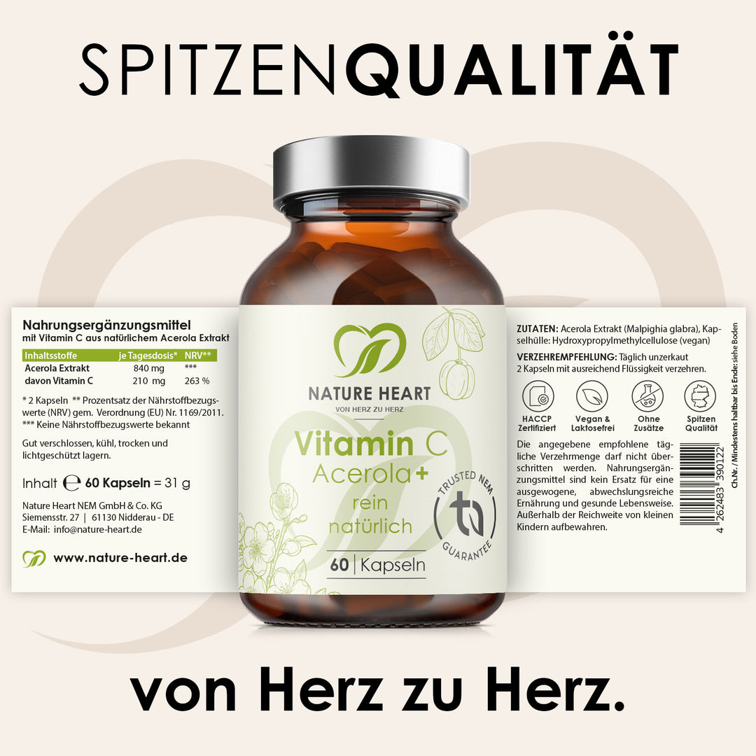 Vitamin C Acerola+ 60 Kapseln aus dem Stillzeit Bundle mit aufgeklapptem Etikett zu Acerola Extrakt und Verzehrempfehlung