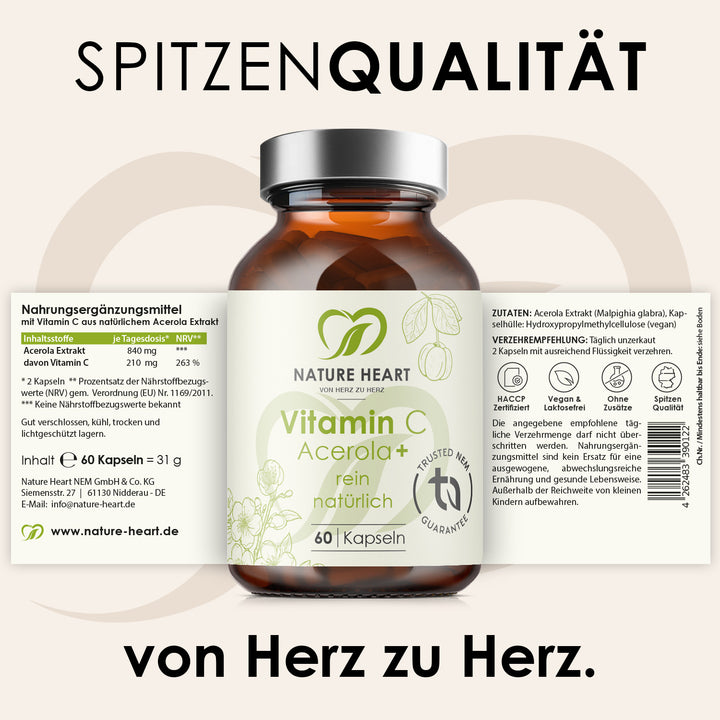 Vitamin C Acerola+ 60 Kapseln aus dem Stillzeit Bundle mit aufgeklapptem Etikett zu Acerola Extrakt und Verzehrempfehlung