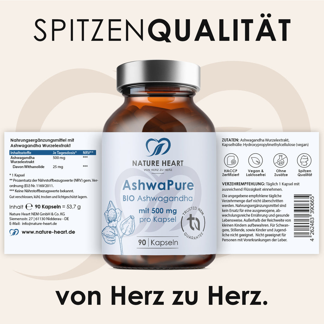 AshwaPure BIO Ashwagandha 90 Kapseln aus dem Stressless Bundle mit aufgeklapptem Etikett zu Zutaten und Verzehrempfehlung