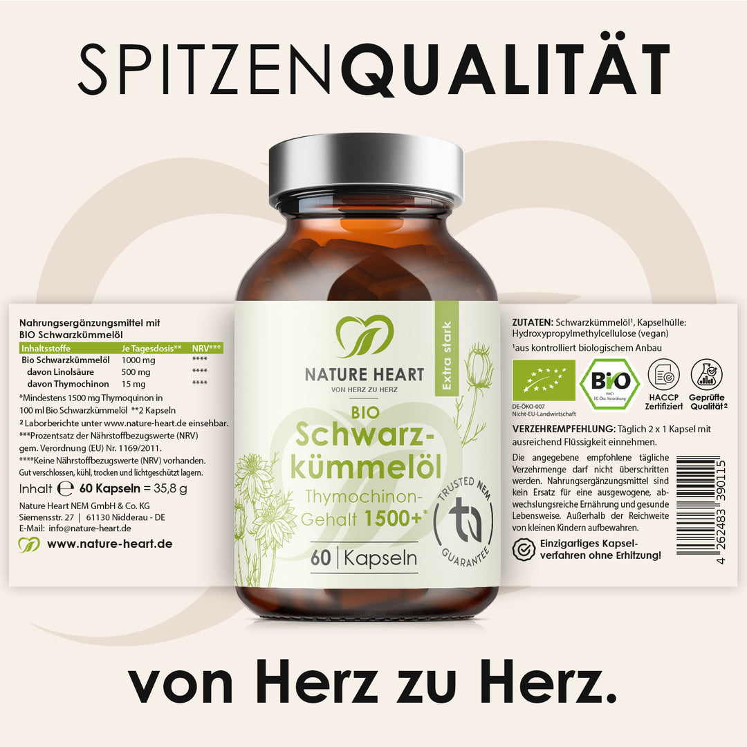 BIO Schwarzkümmelöl 60 Kapseln aus dem Stressless Bundle mit aufgeklapptem Etikett zu Zutaten und Verzehrempfehlung