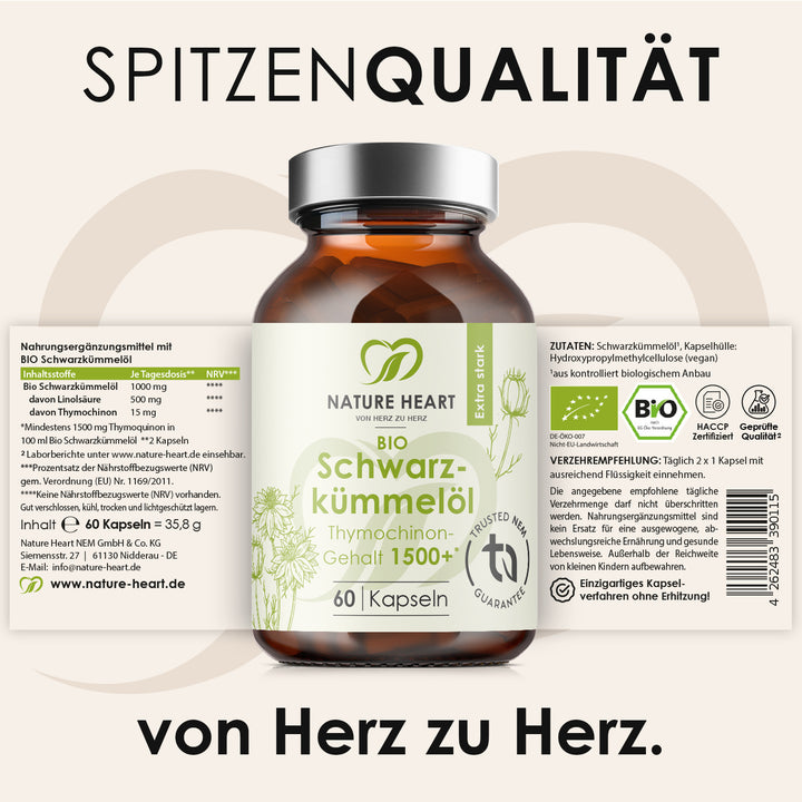 BIO Schwarzkümmelöl 60 Kapseln aus dem Stressless Bundle mit aufgeklapptem Etikett zu Zutaten und Verzehrempfehlung