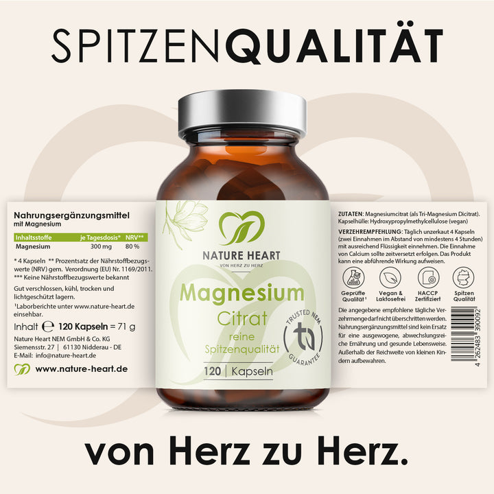 Magnesium Citrat 120 Kapseln aus dem Stressless Bundle mit aufgeklapptem Etikett zu Zutaten und Verzehrempfehlung