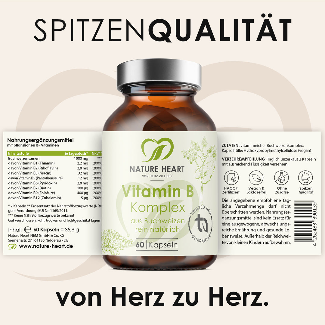 Vitamin B Komplex aus Buchweizen 60 Kapseln aus dem Stressless Bundle mit aufgeklapptem Etikett zu B-Vitaminen und Zutaten