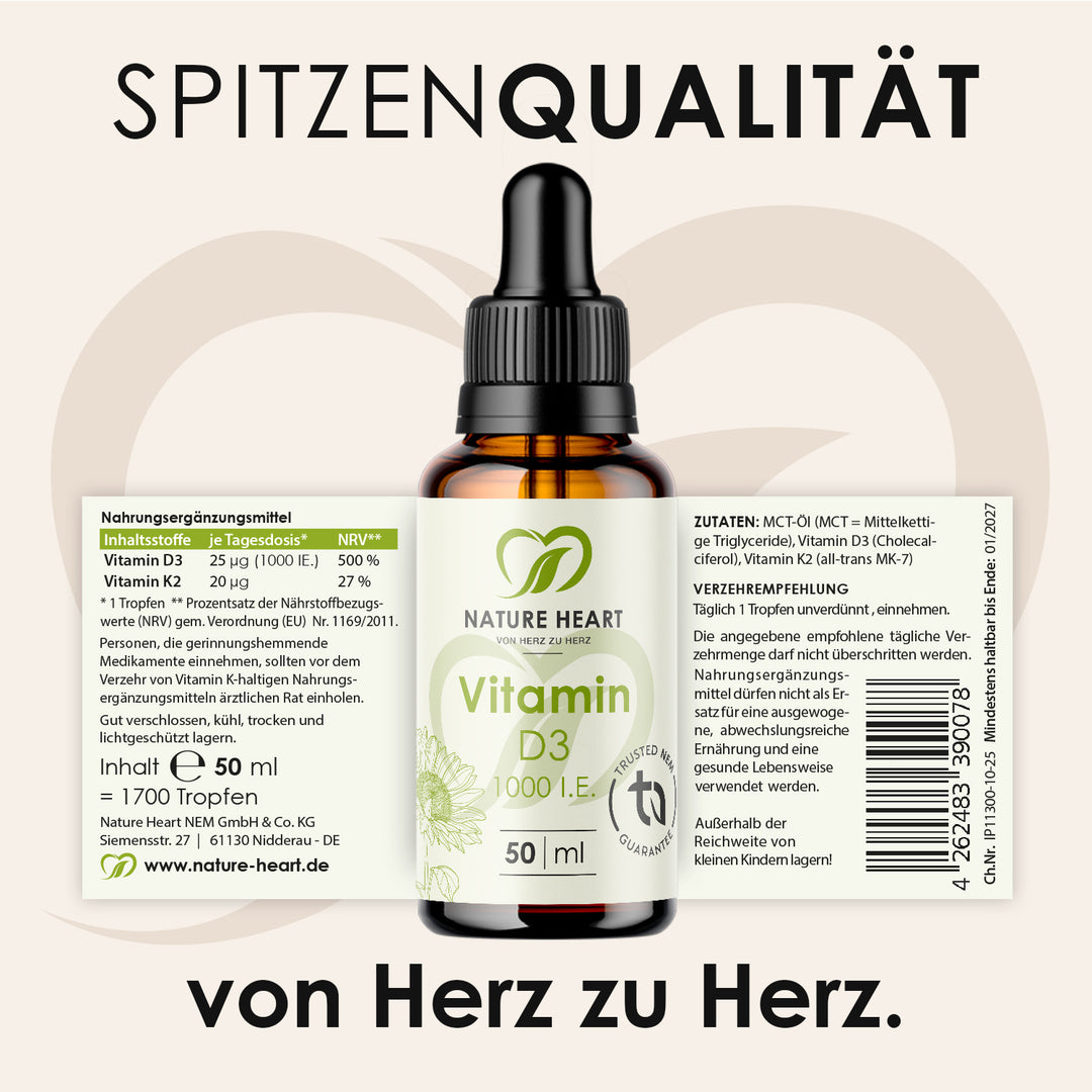 Vitamin D3 1000 I.E. Tropfen 50 ml aus dem Stressless Bundle mit aufgeklapptem Etikett zu Zutaten und Verzehrempfehlung