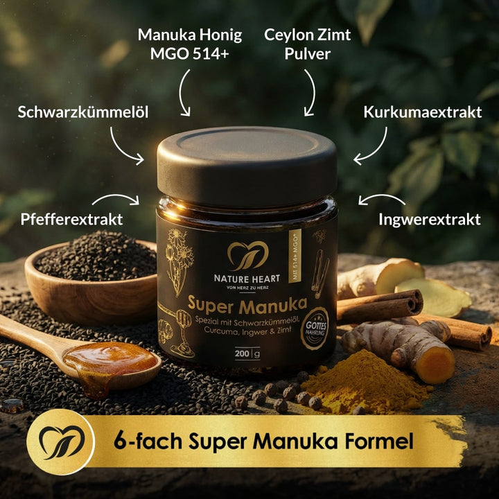 Super Manuka Glas mit beschrifteten Zutaten Manuka Honig MGO 514+, Ceylon Zimt, Kurkuma, Ingwer, Pfeffer und Schwarzkümmelöl, 6-fach Formel