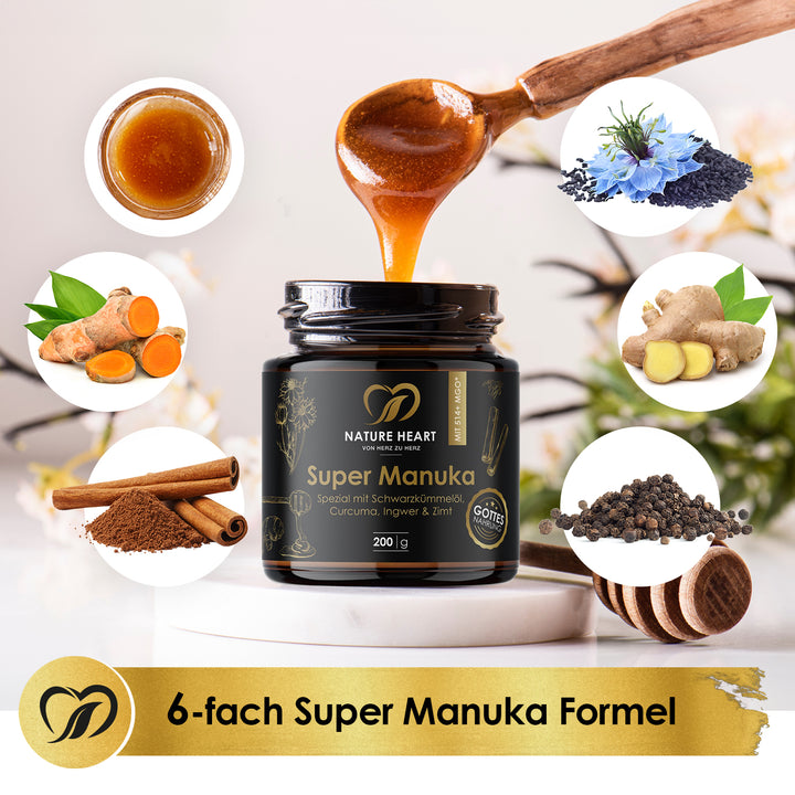 Super Manuka Glas mit Löffel Honig, umgeben von Kurkuma, Zimt, Ingwer, Pfeffer und Schwarzkümmel, Banner 6-fach Super Manuka Formel