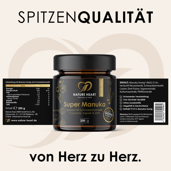 Super Manuka mit Schwarzkümmelöl 200 g mit aufgeklapptem Etikett zu Nährwerten, Zutaten und Hinweisen