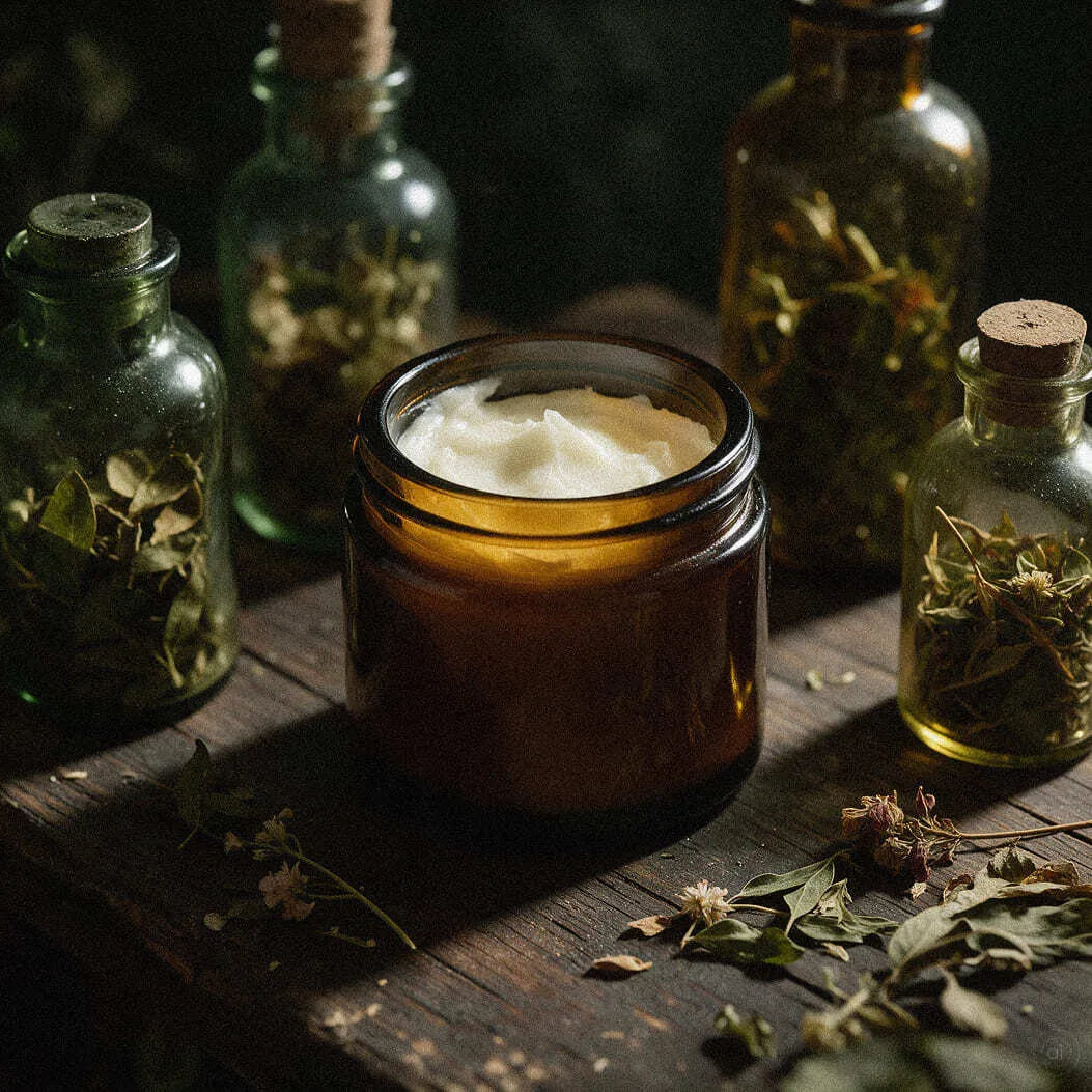 Geöffneter Braunglastiegel mit Tallow-Creme auf einem alten Holztisch, umgeben von Glasflaschen mit getrockneten Kräutern