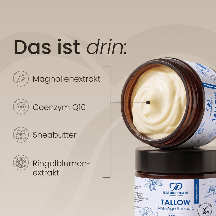 Das ist drin: Tallow Anti-Age Formula mit Magnolienextrakt, Coenzym Q10, Sheabutter und Ringelblumenextrakt im geöffneten Tiegel