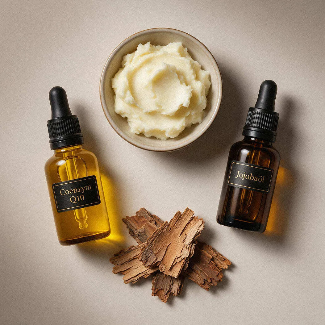 Inhaltsstoffe der Tallow Anti-Age Formula: Tallow in einer Schale, Coenzym Q10 und Jojobaöl in Pipettenflaschen, dazu Zitterpappelrinde