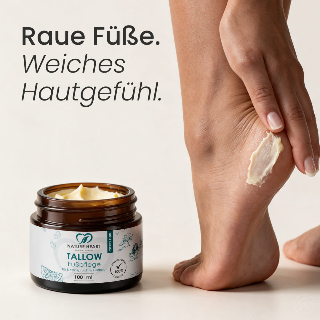 Tallow Fußpflege Citrus Pinie wird auf die Ferse aufgetragen, daneben der geöffnete Tiegel: raue Füße, weiches Hautgefühl