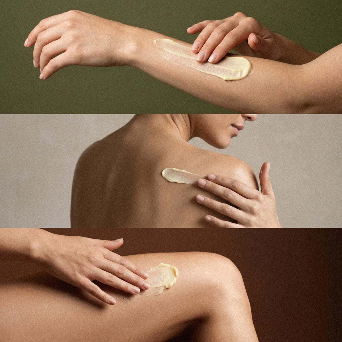 Tallow Haut Relax wird in drei Aufnahmen auf Unterarm, Schulter und Knie aufgetragen und mit den Fingern verstrichen