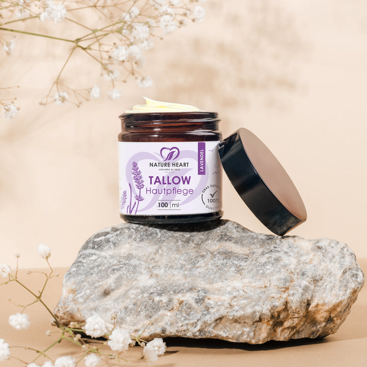 Geöffneter Tiegel Tallow Hautpflege Lavendel 100 ml auf einem Stein zwischen weißen Blütenzweigen