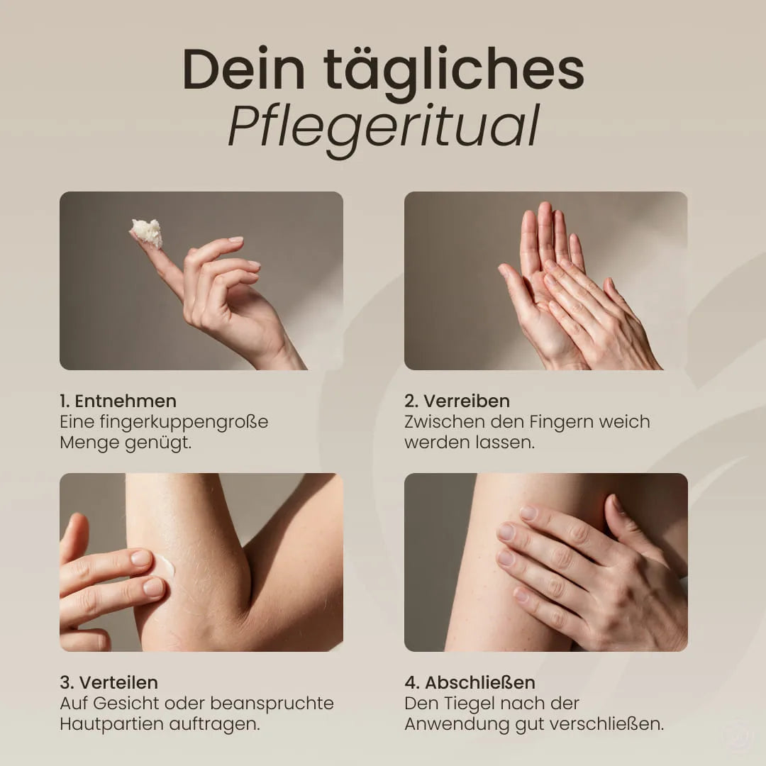Tägliches Pflegeritual mit Tallow Hautpflege Natur in vier Schritten: fingerkuppengroße Menge entnehmen, verreiben, auftragen, Tiegel verschließen