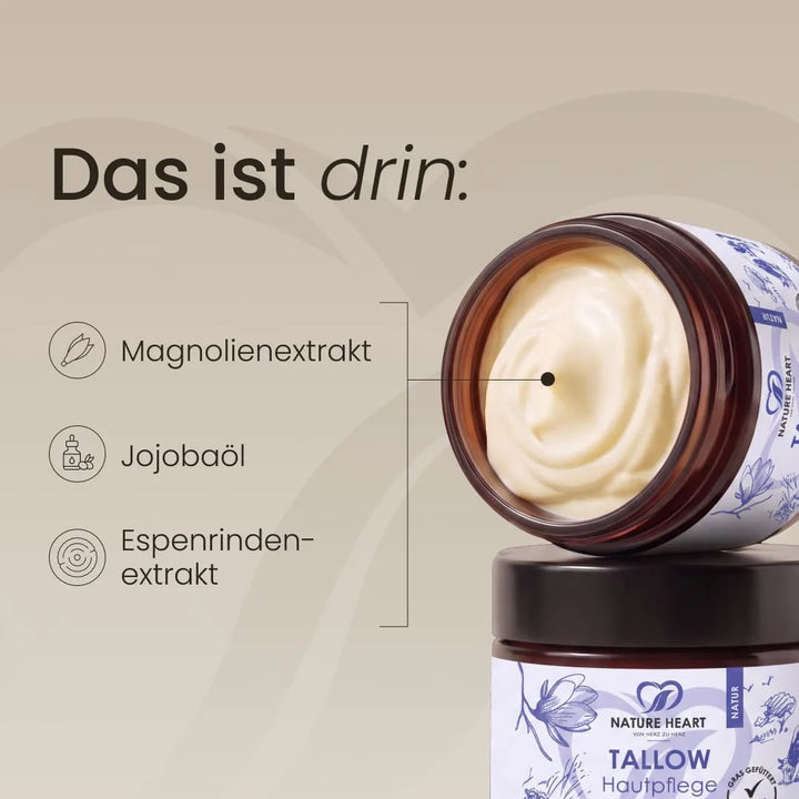 Das ist drin: Tallow Hautpflege Natur mit Magnolienextrakt, Jojobaöl und Espenrindenextrakt; geöffneter Tiegel mit cremiger Pflege