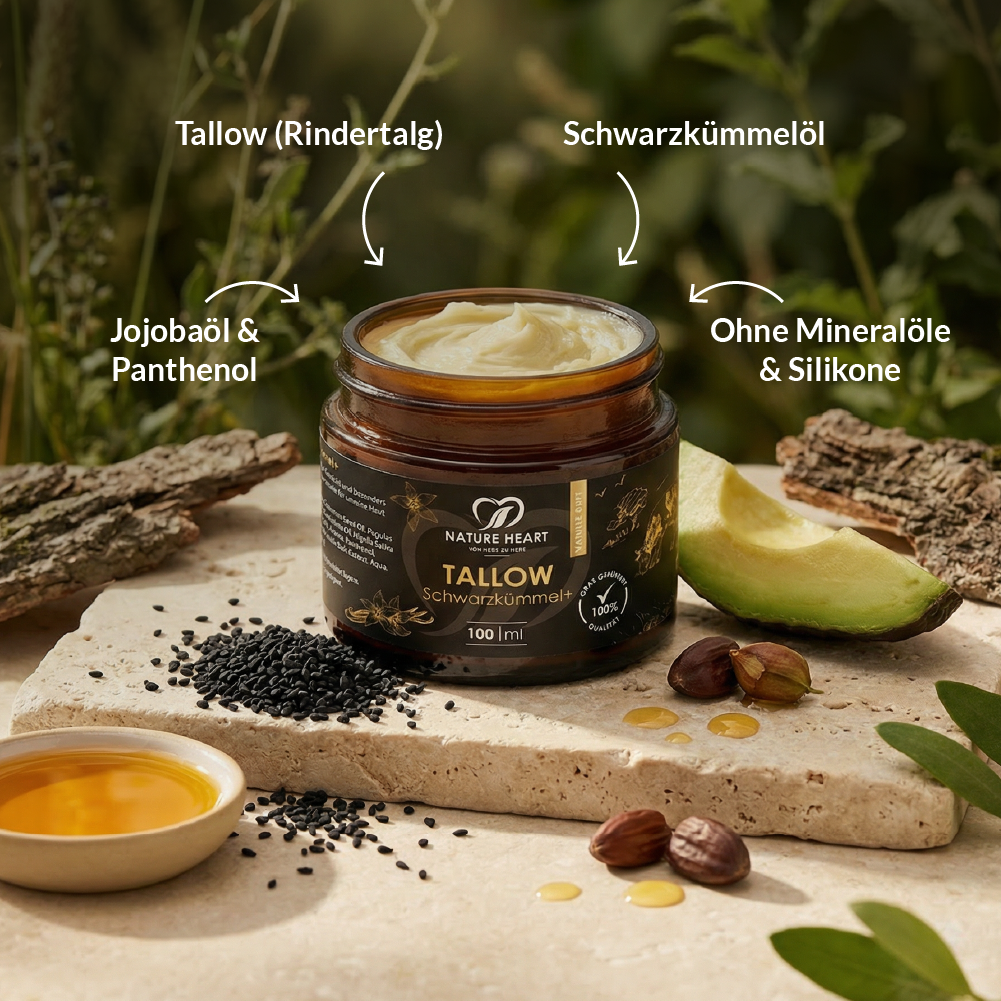 Tallow Schwarzkümmel+ zwischen Schwarzkümmelsamen und Avocado, Hinweise auf Rindertalg, Schwarzkümmelöl, Jojobaöl, Panthenol, ohne Mineralöle