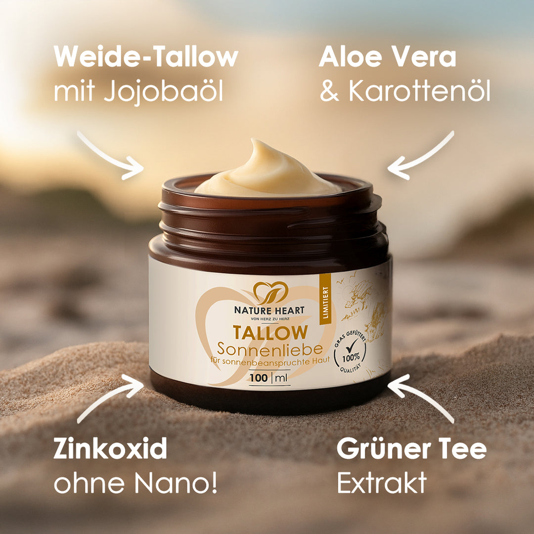 Tallow Sonnenliebe im Sand mit Hinweisen auf Weide-Tallow mit Jojobaöl, Aloe Vera & Karottenöl, Zinkoxid ohne Nano und Grüntee-Extrakt