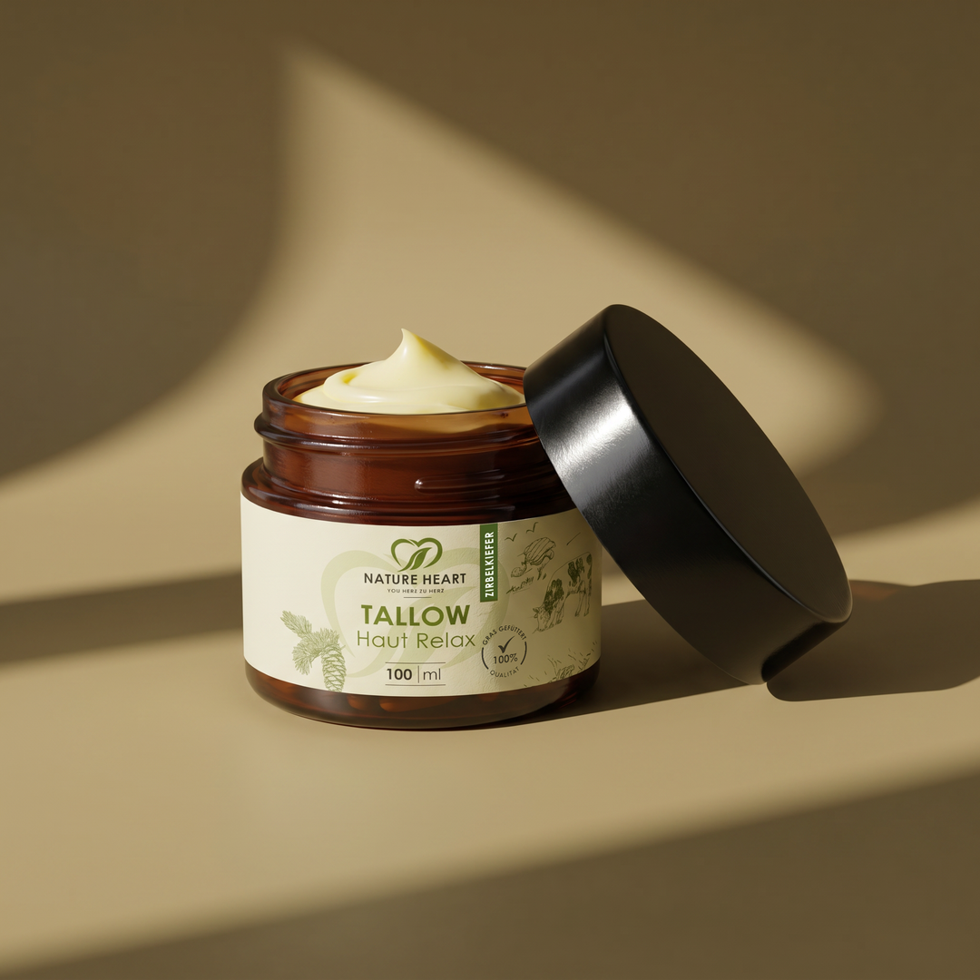 Glasbehälter mit Nature Heart Tallow Haut Relax 100 ml „Zirbelkiefer“ auf warmem beigem Hintergrund, mit sichtbarem Hinweis auf grasgefütterte 100 % Qualität.