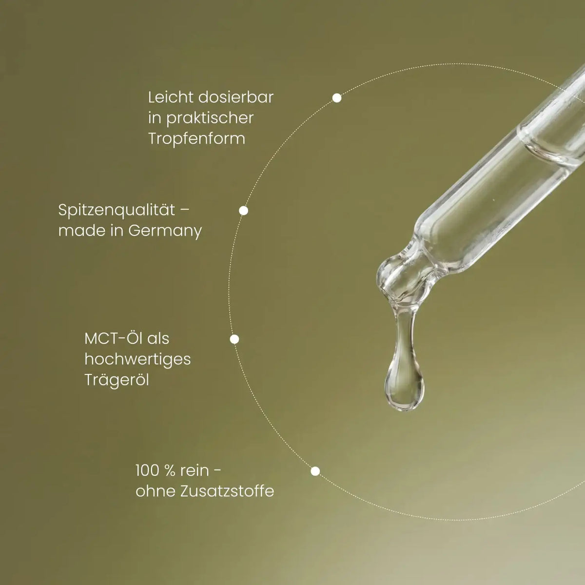 Glaspipette mit fallendem Öltropfen: leicht dosierbare Tropfenform, made in Germany, MCT-Öl als Trägeröl, ohne Zusatzstoffe